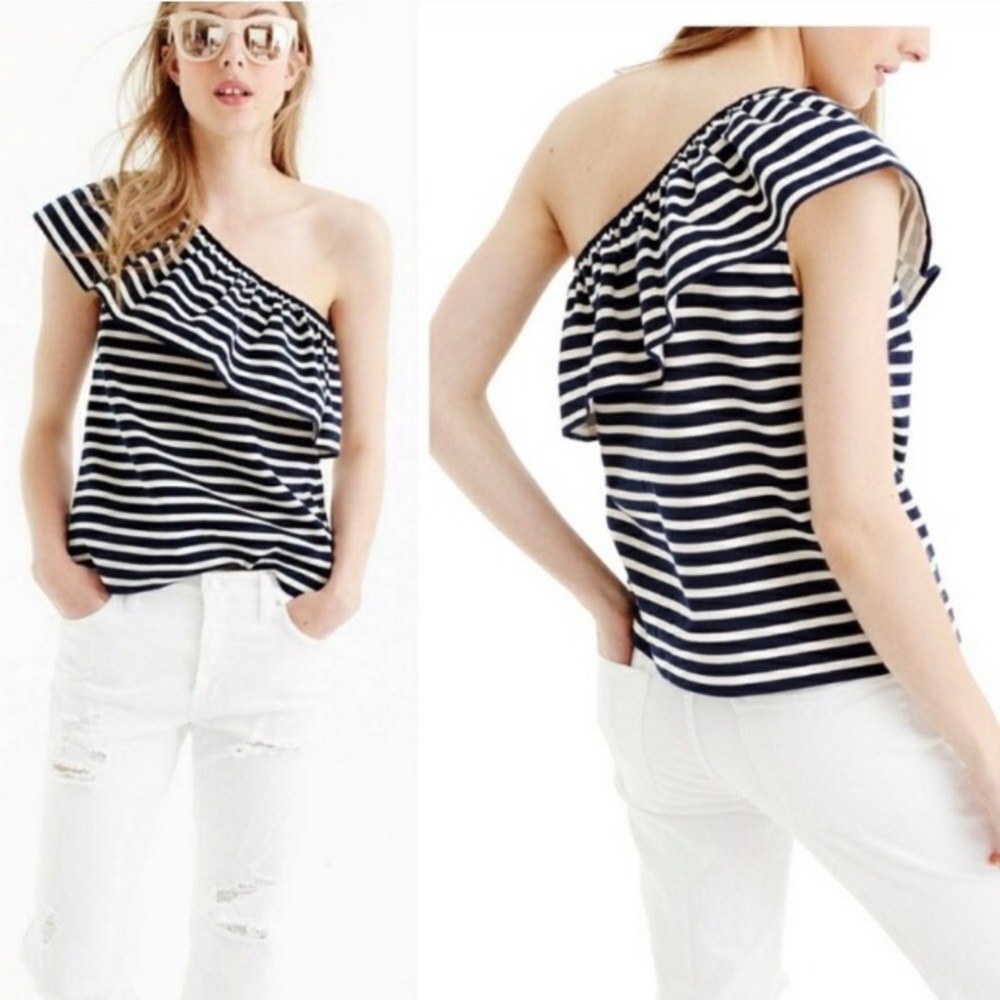 J Crew Striped Ruffled One Shoulder Blouse